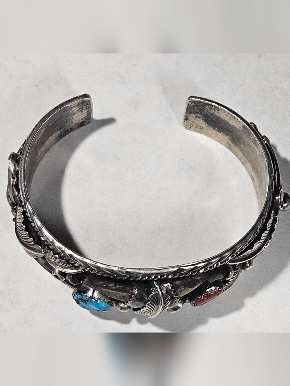 Vintage Handmade Sterling Silver Navajo Cuff Bracelet Turquoise Coral Stones - Picture 15 of 16